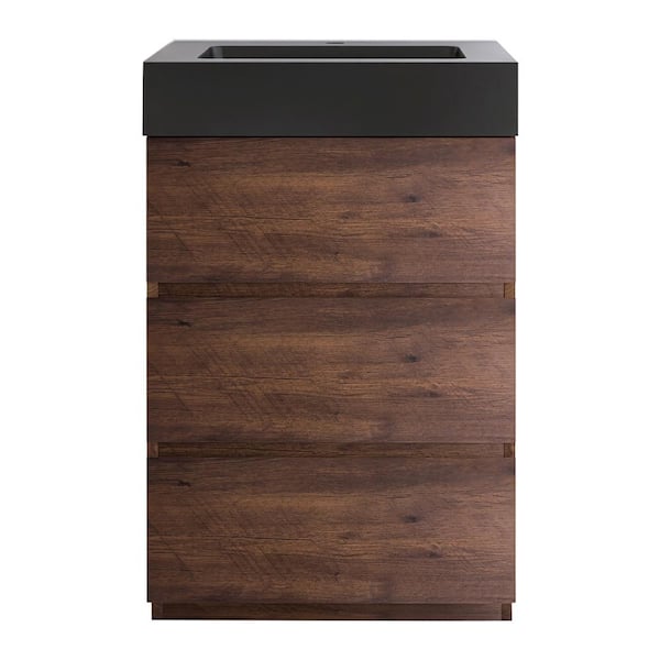 JimsMaison 24 in. W x 18 in. D x 37 in. H Freestanding Bath Vanity in Walnut with Black Solid Surface Top