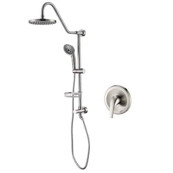 Pdpbath 5-Spray Wall Bar Shower Kit Round Rain Shower Head with Hand Shower with Soap Basket in Brushed Nickel (Valve Included)