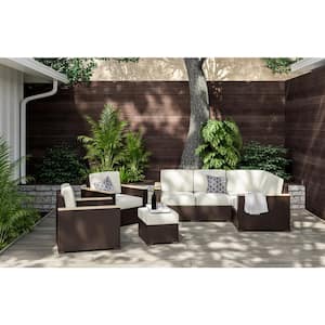 Palm Springs Brown 4-Piece Wicker Rattan Patio Outdoor Conversation Set with Tan Cushions
