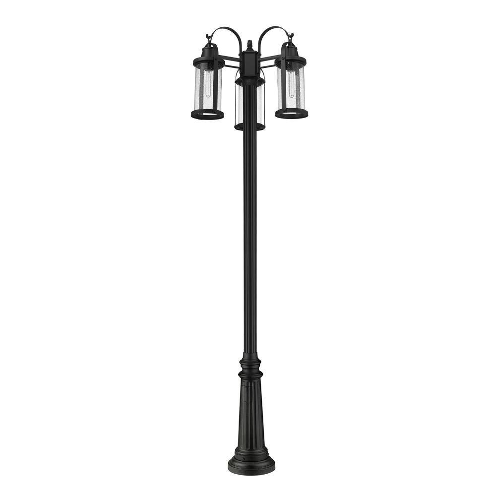 Black Aluminum 3-Light Outdoor Post with Clear Seedy Glass Shades