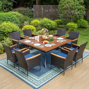 9-Piece Metal Patio Outdoor Dining Set with Brown Slat Square Table and Wooden Armrest Rattan Chairs with Blue Cushion