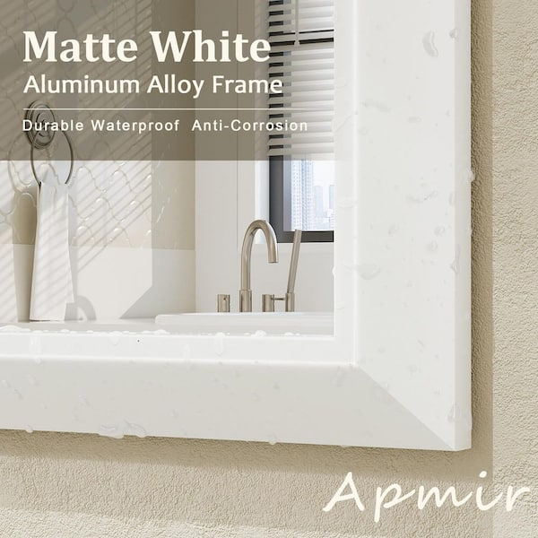 55 in. W x 36 in. H Rectangular Aluminum Alloy Framed and Tempered Glass Wall Bathroom Vanity Mirror in Matte White