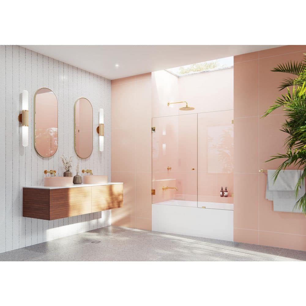 Illume 56.75 in. W x 58.25 in. H Wall Hinged Frameless Tub Door in Polished Brass with Clear Glass price history on PriceWatchPro