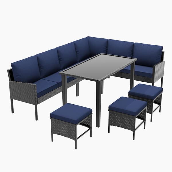 7 Piece Wicker Outdoor Dining Set with Dining Table and Navy Blue Cushions