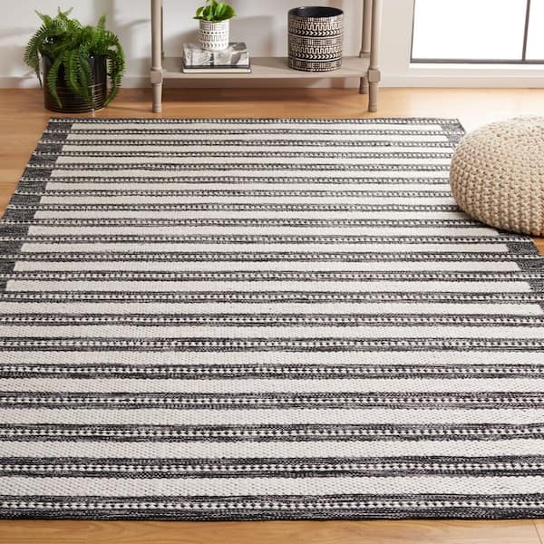 Kilim 3 ft. x 5 ft. Black/Ivory Striped High-Low Area Rug