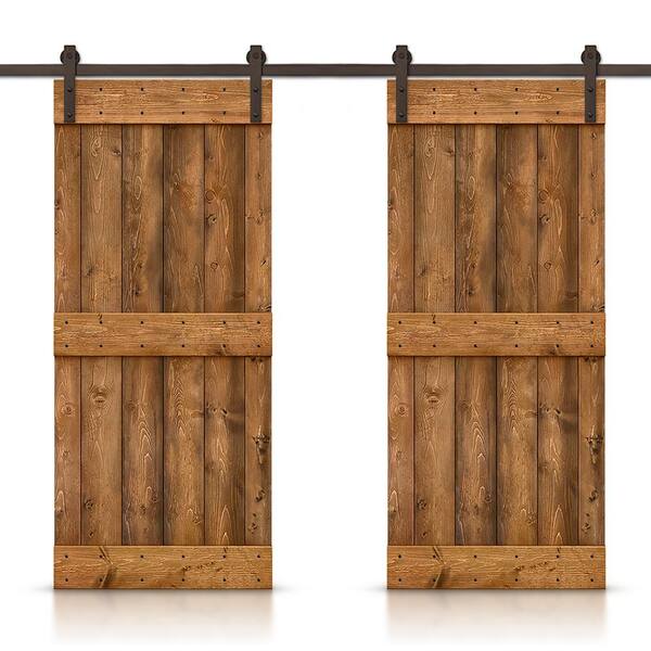 CALHOME Mid-Bar 80 in. x 84 in. Walnut Stained DIY Solid Knotty Pine Wood Interior Double Sliding Barn Door with Hardware Kit