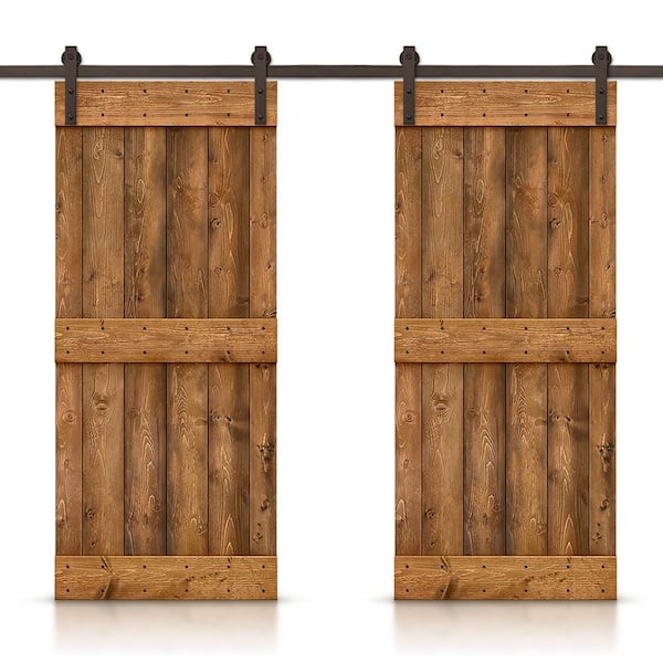 CALHOME Mid-Bar 88 in. x 84 in. Walnut Stained DIY Solid Knotty Pine Wood Interior Double Sliding Barn Door with Hardware Kit