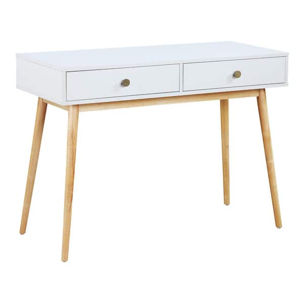 Kayla Mid-Century 43.75 in. Rectangle White Wood 2-Drawer Writing Desk Light Wood Legs