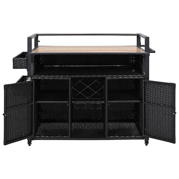 Retro Black Wood 52.8 in. Outdoor Kitchen Island Grill Cart with Extended Plastic Wood Tabletop and Storage Cabinet