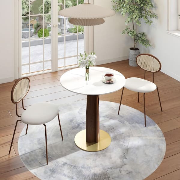 33 in. Modern Round White Sintered Stone Tabletop Dining Table with Solid Wood Pedestal (Seat 2)