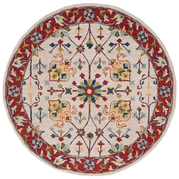 Micro-Loop 5 ft. x 5 ft. Round Beige/Rust Ornate Border Area Rug