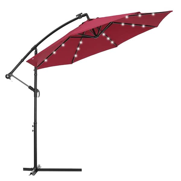 moda furnishings 10 ft. Solar LED Patio Outdoor Umbrella Hanging Cantilever Umbrella Offset Umbrella with 24 LED Lights in Burgundy