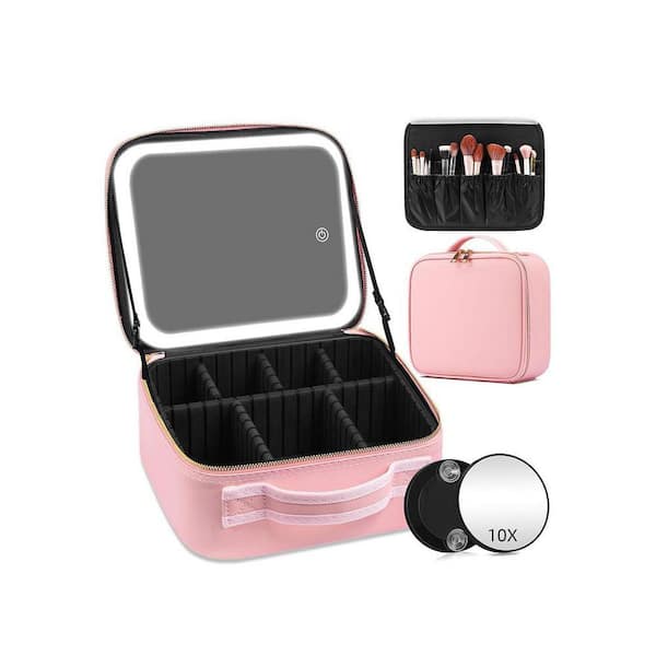 Pink Travel Makeup Case with Lighted Mirror,Adjustable Dividers & 10X Magnifying Mirror, Portable Toiletry Bag