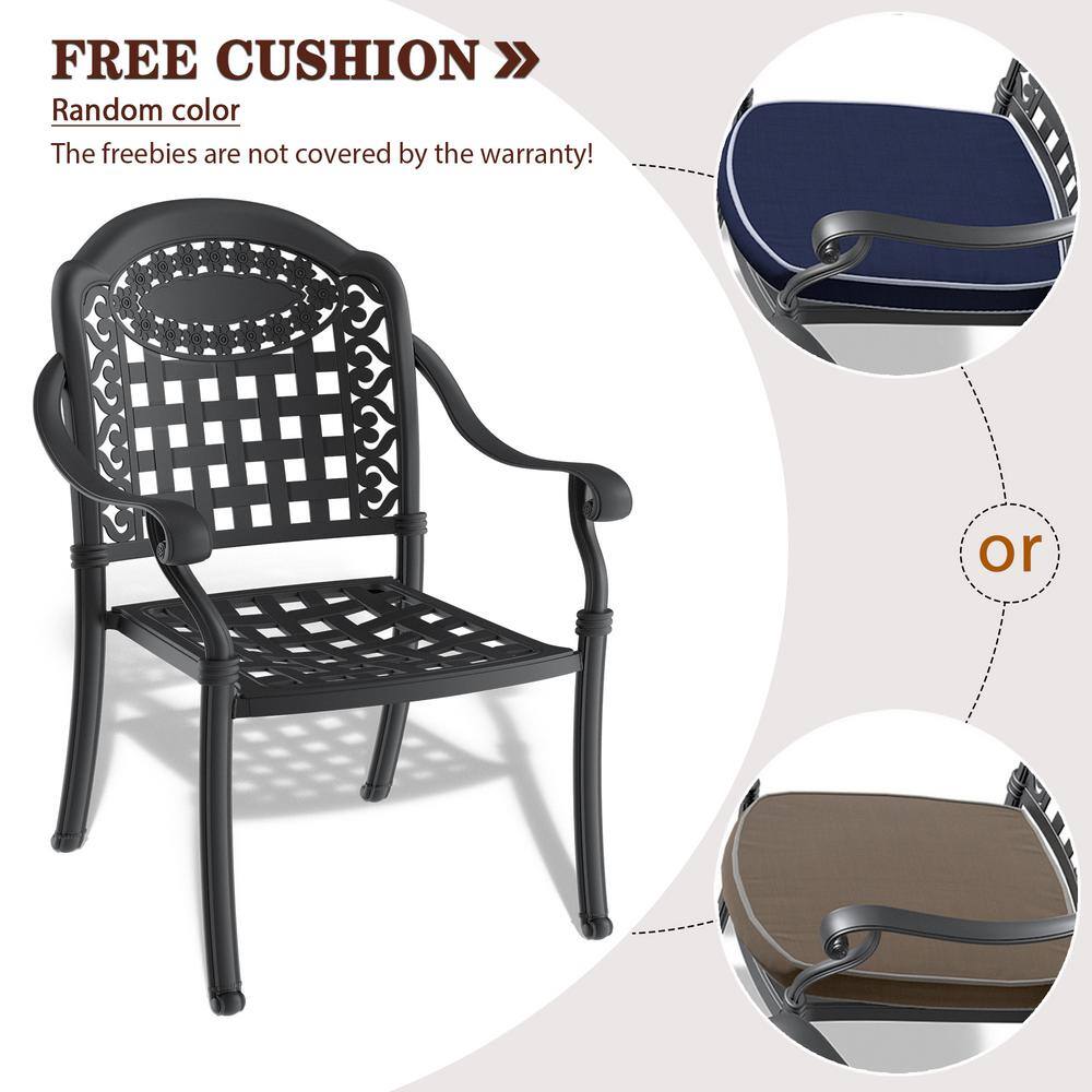 Black Cast Aluminum 7-Piece Outdoor Dining Set with Random Color Cushions
