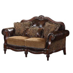 Dreena 37 in. Two Tone Brown PU and Chenille Faux Leather 2-Seats Loveseats with 5 Pilows