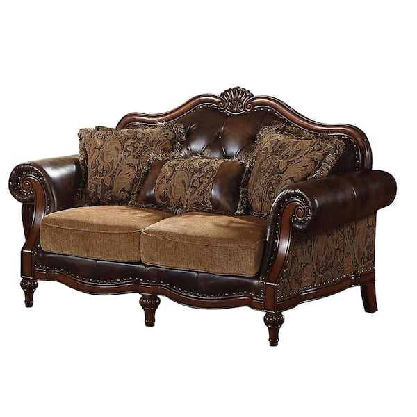 Acme Furniture Dreena 70 in. Two Tone Brown PU/Chenille Faux Leather 2-Seat Loveseat with 5 Pillows