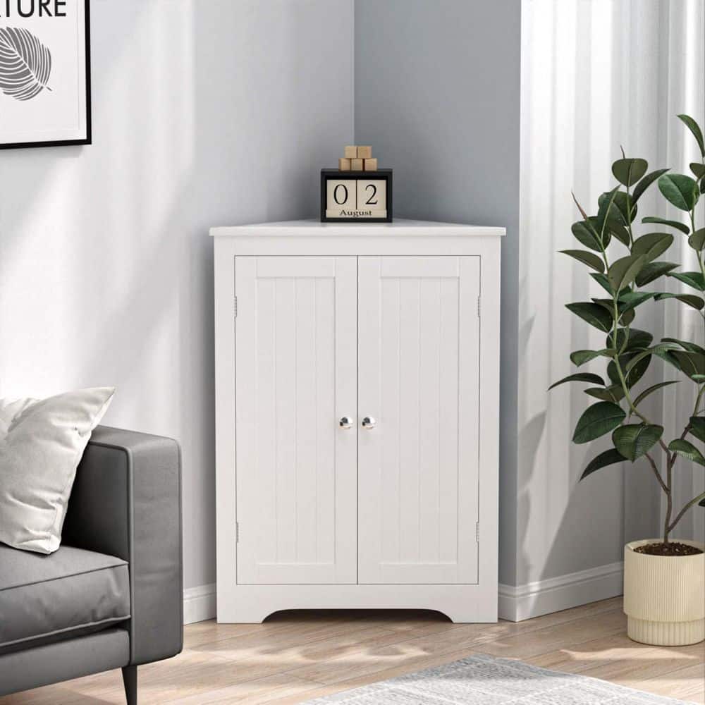 White 32 in. Tall MDF Floor Corner Cabinet Corner Storage Cabinets Organize