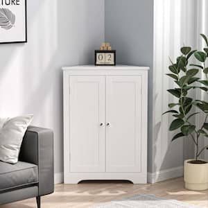 White 32 in. Tall MDF Floor Corner Cabinet Corner Storage Cabinets Organizer with 2 Doors and Adjustable Shelves