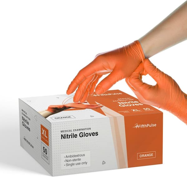 FifthPulse Extra Large Nitrile Exam Latex Free and Powder Free Gloves in Orange - Box of 50