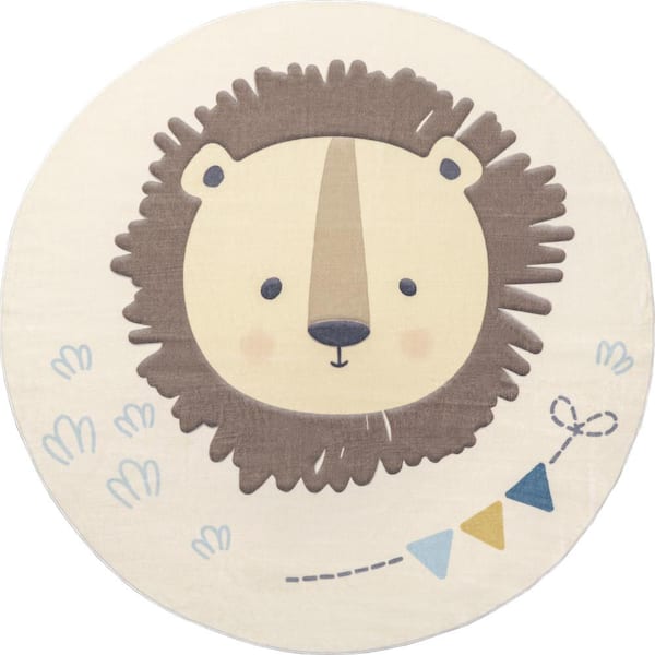 Ellia Cheerful Multicolor 4 ft. Lion Machine Washable Kids Round Area Rug