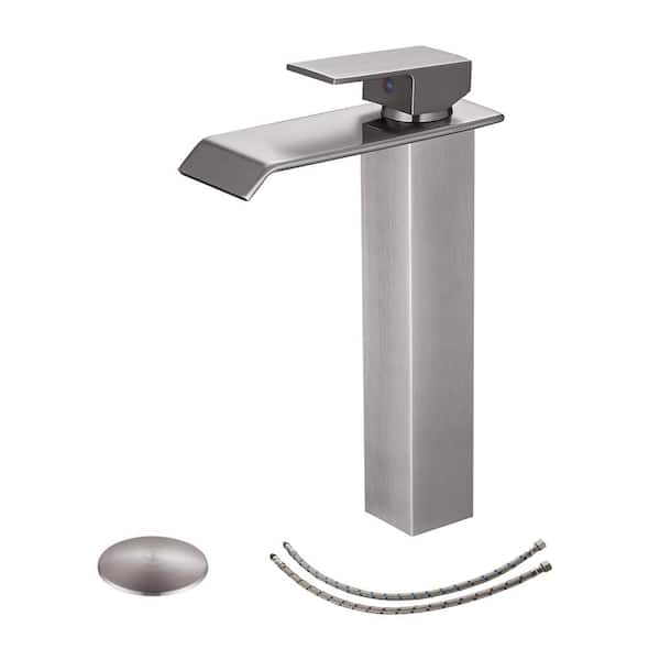 BWE Waterfall Single Hole Single Handle Bathroom Vessel Sink Faucet With Pop-up Drain Assembly in Brushed Nickel