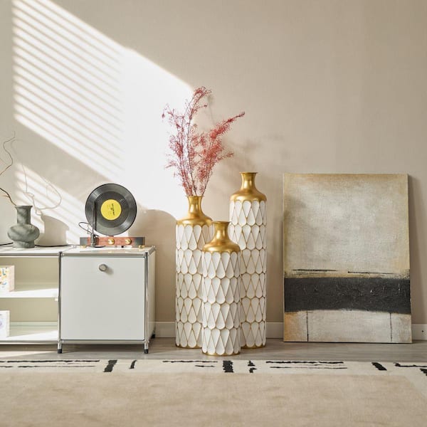 23 in. 28 in. 32 in. White Metal Decorative Floor Vase Droplet Cylinder Shaped Large Glazed Vase (Set of 3)