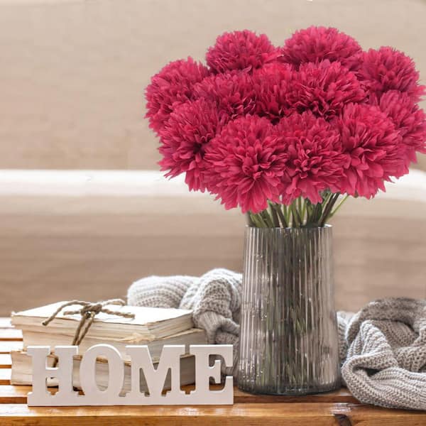 12 Pcs 11 Inch Bright Red Artificial Faux Ball Chrysanthemum Bouquet Flowers