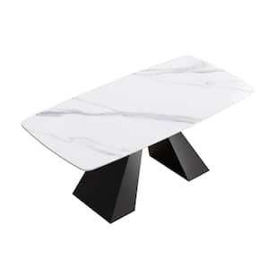 71 in. Rectangular Luxury Modern White Stone Dining Table with Black Carbon Steel Base for Dining Room (Seats 7)