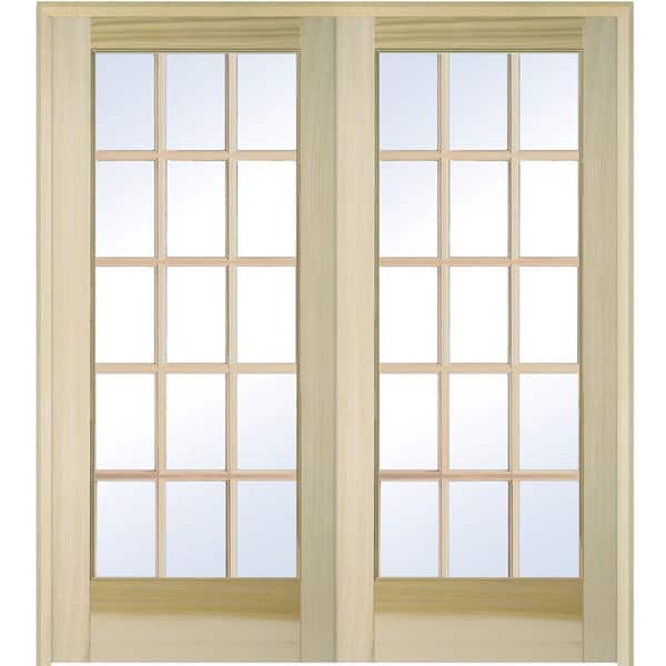 MMI Door 72 in. x 80 in. Both Active Unfinished Poplar Glass 15-Lite Clear True Divided Prehung Interior French Door