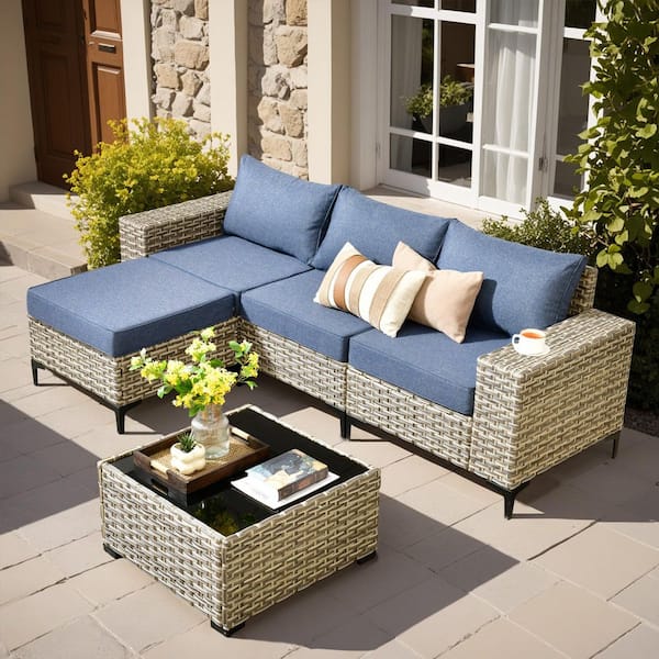 OVIOS Vinency Gray 5-Piece Wicker 7.68 in. Wide Arm Patio Conversation Set with Denim Blue Cushions and Coffee Table