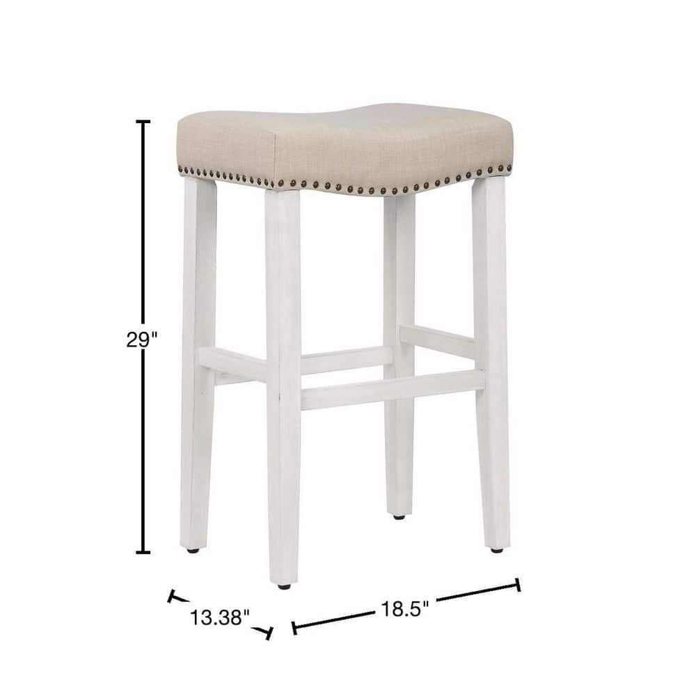 Beige Upholstered Backless Saddle Bar Stool with Nail Head Trim