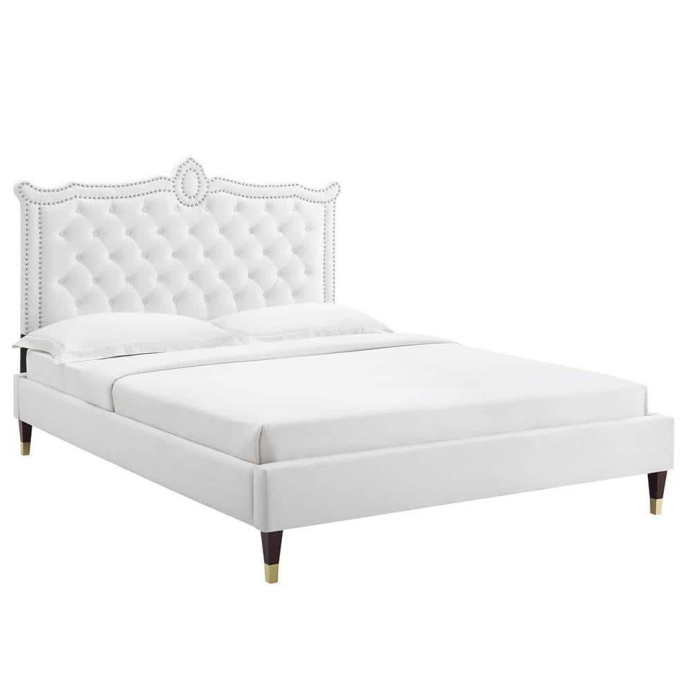 MODWAY White Wood Frame Clara Performance Velvet Queen Platform Bed