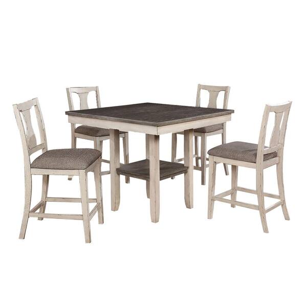 Ann II 5-Piece Square Wood Top Antique White/Gray Table Set