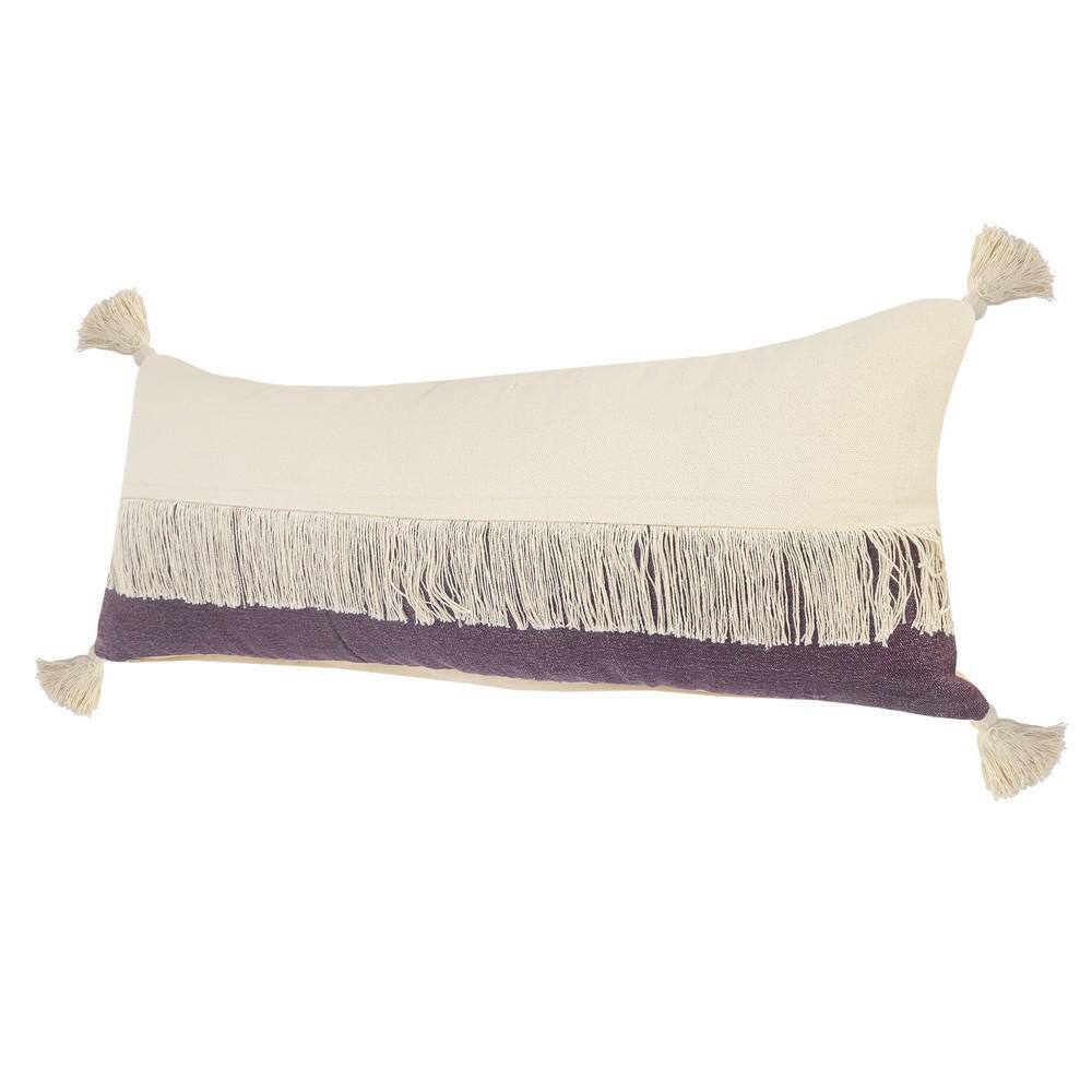 Purple and Off-White Cotton Fringe Lumbar Pillow, 14" x 36"