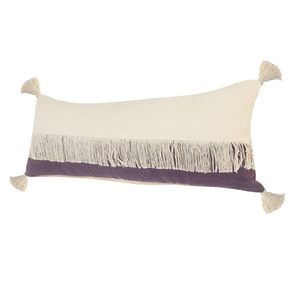Purple and Off-White Cotton Fringe Lumbar Pillow, 14" x 36"