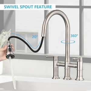Double Handle Kitchen Bridge Faucet with Pull Down Sprayer Kitchen Faucet, 8 inch Kitchen Faucet in Brushed Nickel
