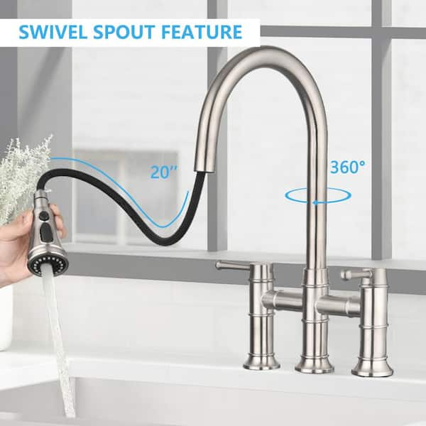 Double Handle Kitchen Bridge Faucet with Pull Down Sprayer Kitchen Faucet, 8 inch Kitchen Faucet in Brushed Nickel