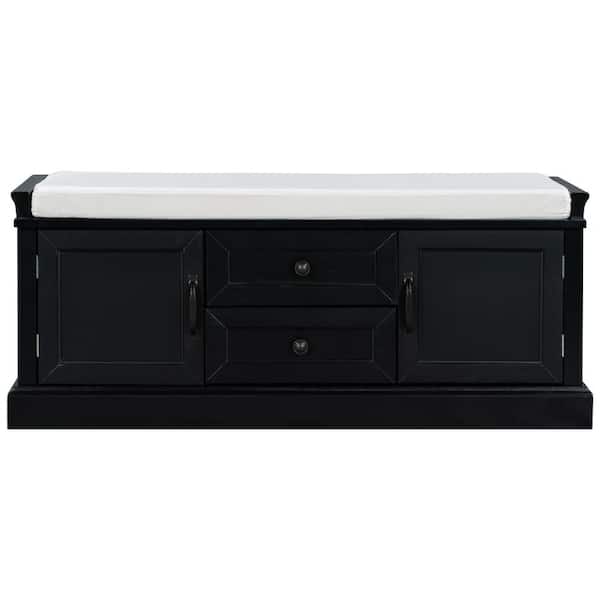Polibi Black Storage Bench with 2 Drawers and 2 cabinets for Living Room, Entryway (42.5''W x 15.9''D x 17.5''H)