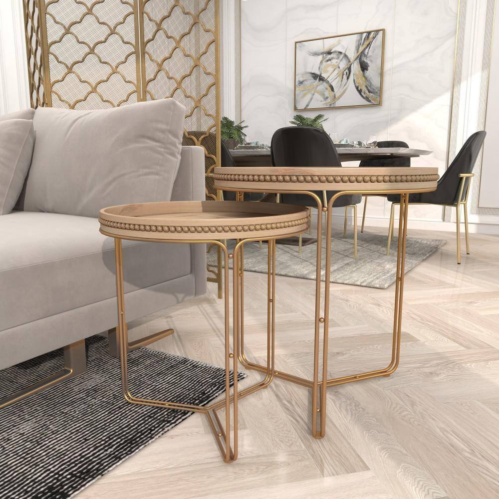 Round Light Brown Wood and Gold Metal Nesting Tables Set