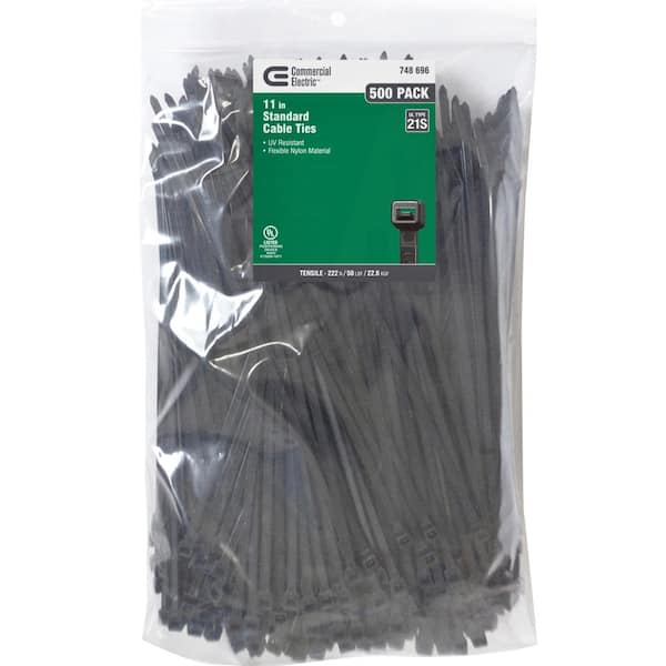 Commercial Electric 11in Standard 50lb Tensile Strength UL 21S Rated Cable Zip Ties 500 Pack UV (Black)
