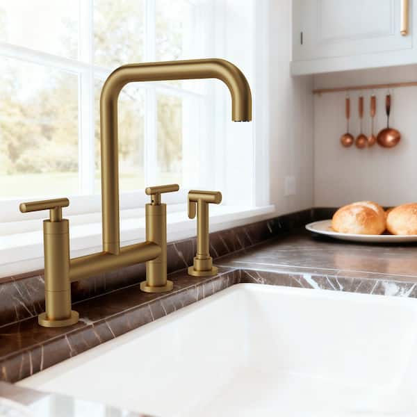 2-Handle Deck Mount Kitchen Faucet 2-Hole Bridge Kitchen Faucet with Side Sprayer in Brushed Gold