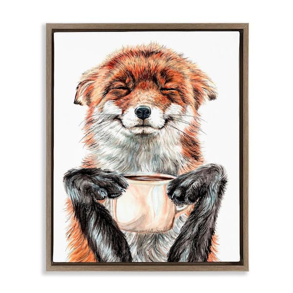 Happy Fox with Coffee by Holly Simental 1-Piece Brown Floater Frame Animal Graphic Art Print 17 in. x 21 in.