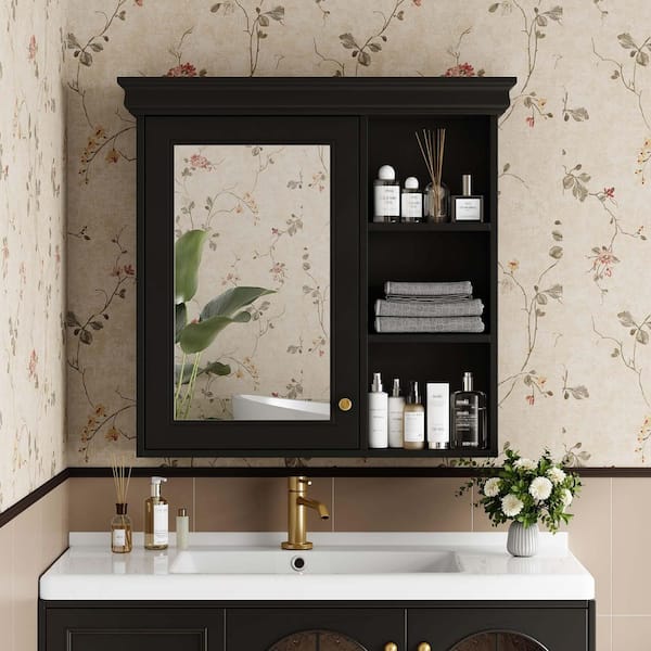30 in. W x 28.7 in. H Rectangular MDF Medicine Cabinet with Mirror,Adjustable Shelf,Black