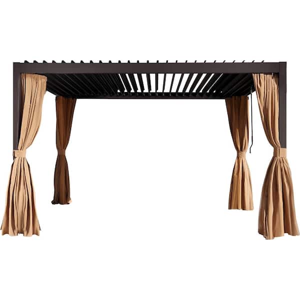 Boosicavelly 13 ft. x 10 ft. Brown Aluminum Alloy Pergola with Adjustable Roof with Netting and Curtains