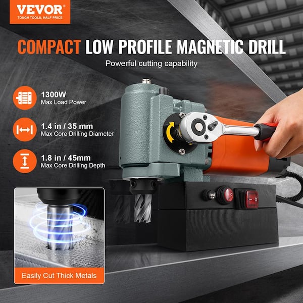 Magnetic Drill Press 1300-Watt Low Profile Mag Drill Light Weight Portable with 1-1/4 in.