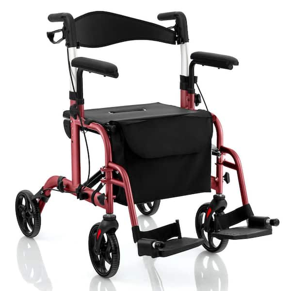 Costway 4 Wheel Folding Rollator Walker with Seat and 8 in. Wheels Supports up to 300 lbs. in Red GHMHSKU00683 The Home Depot