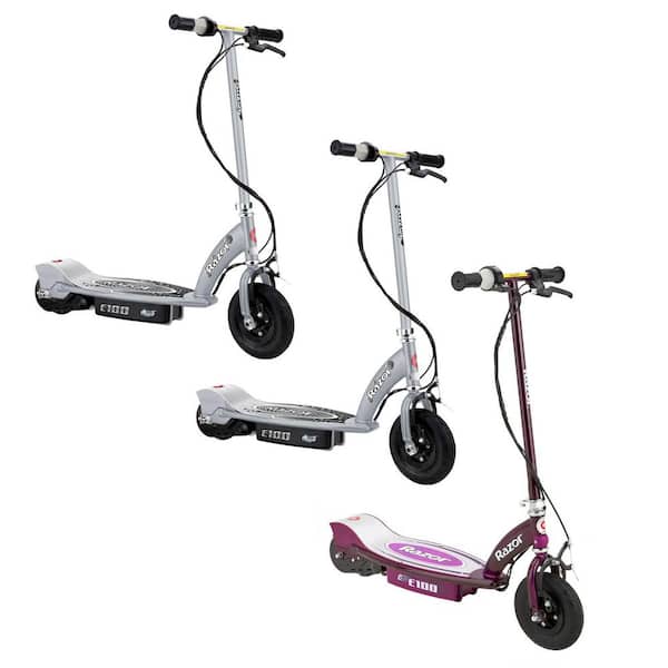 Razor E100 Motorized Rechargeable Electric Scooter Bundle, 1 Purple and 2 Silver