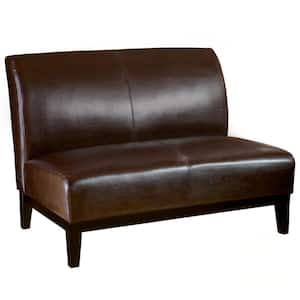 Darcy 46.5 in. Brown Leather 2-Seater Armless Loveseat with Wood Legs