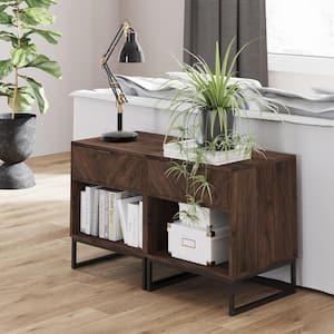 Kensi Walnut Rustic Nightstand Black Matte Metal Base with Open Cubby and Drawer, 17" L x 22" H x 19" W, Set of 2