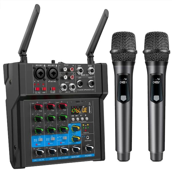 150-Watt x2 Powered Amplifier Audio Mixer 4 Channel with Dual Wireless Mic Sound Board USB Bluetooth Input in Black
